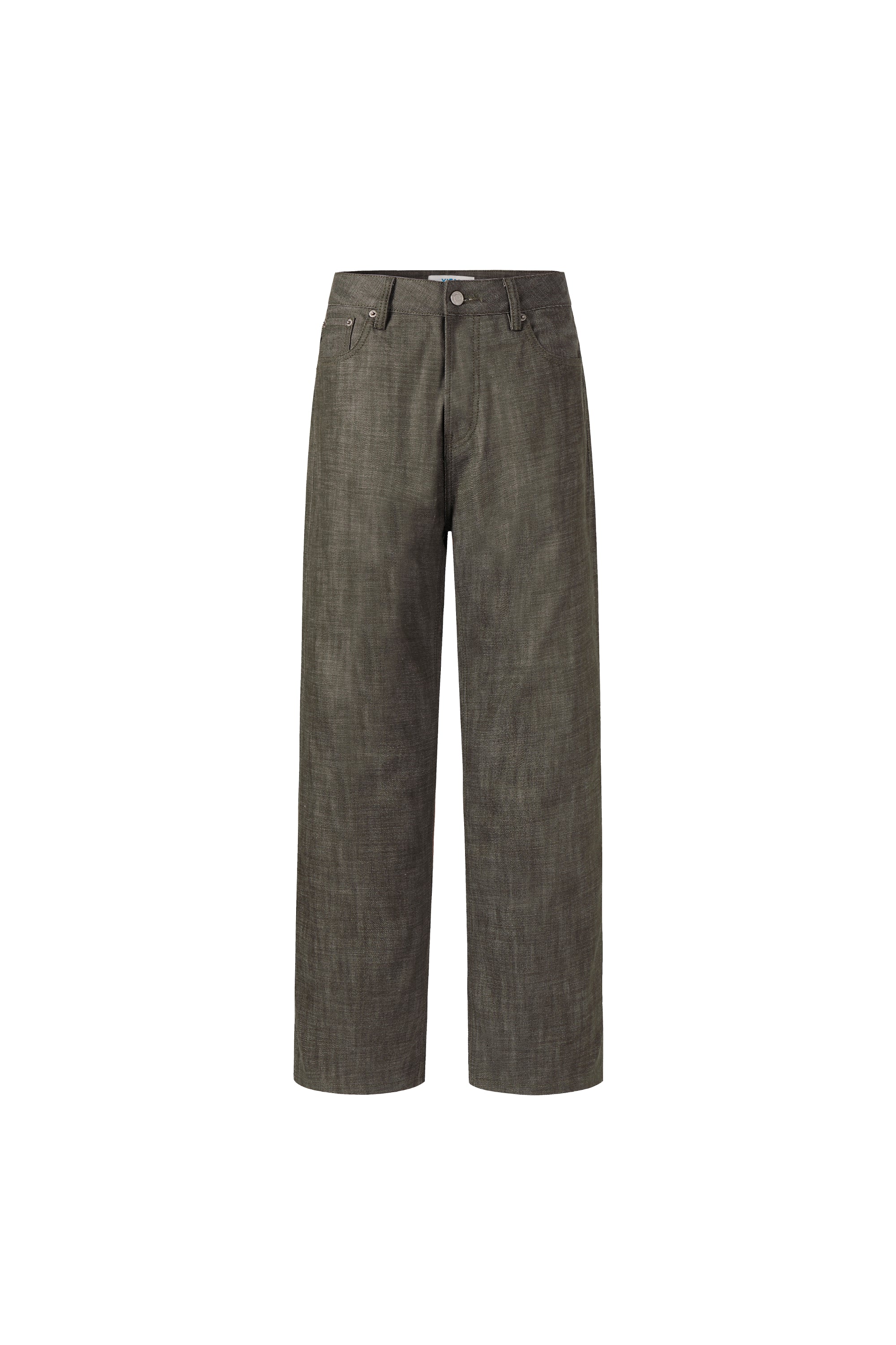 Front view of military green selvedge denim straight-leg jeans.