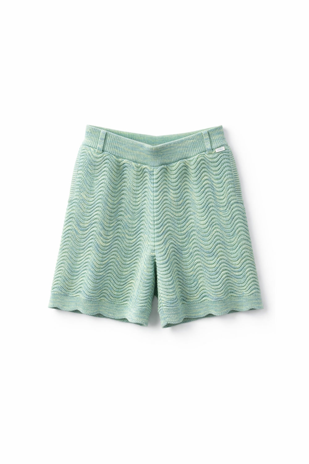 Melangé shale stitch knit shorts with textured wave pattern and structured waistband.