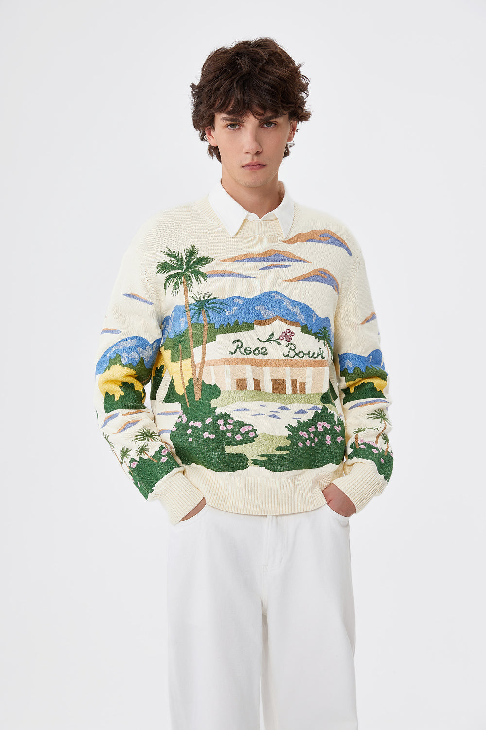 Person wearing a sweater with a scenic design on a white background
