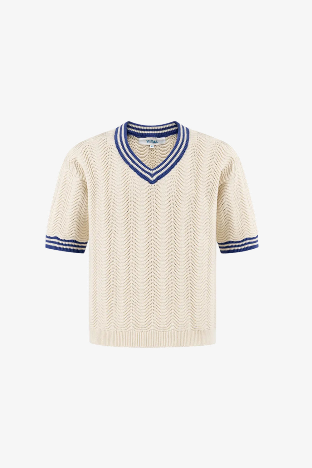 Beige knitted sweater with blue accents on a white background