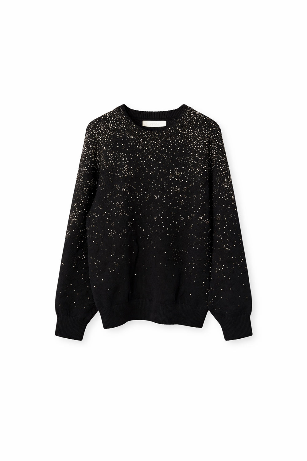Black knit sweater with scattered embellishments, crew neckline, and ribbed hem and cuffs.
