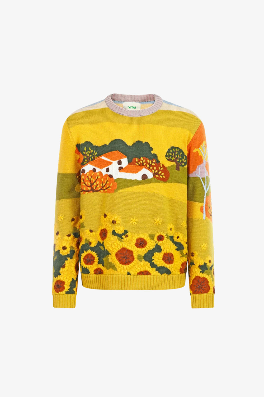 Yellow knit sweater with hand-embroidered sunflowers and a countryside landscape scene.