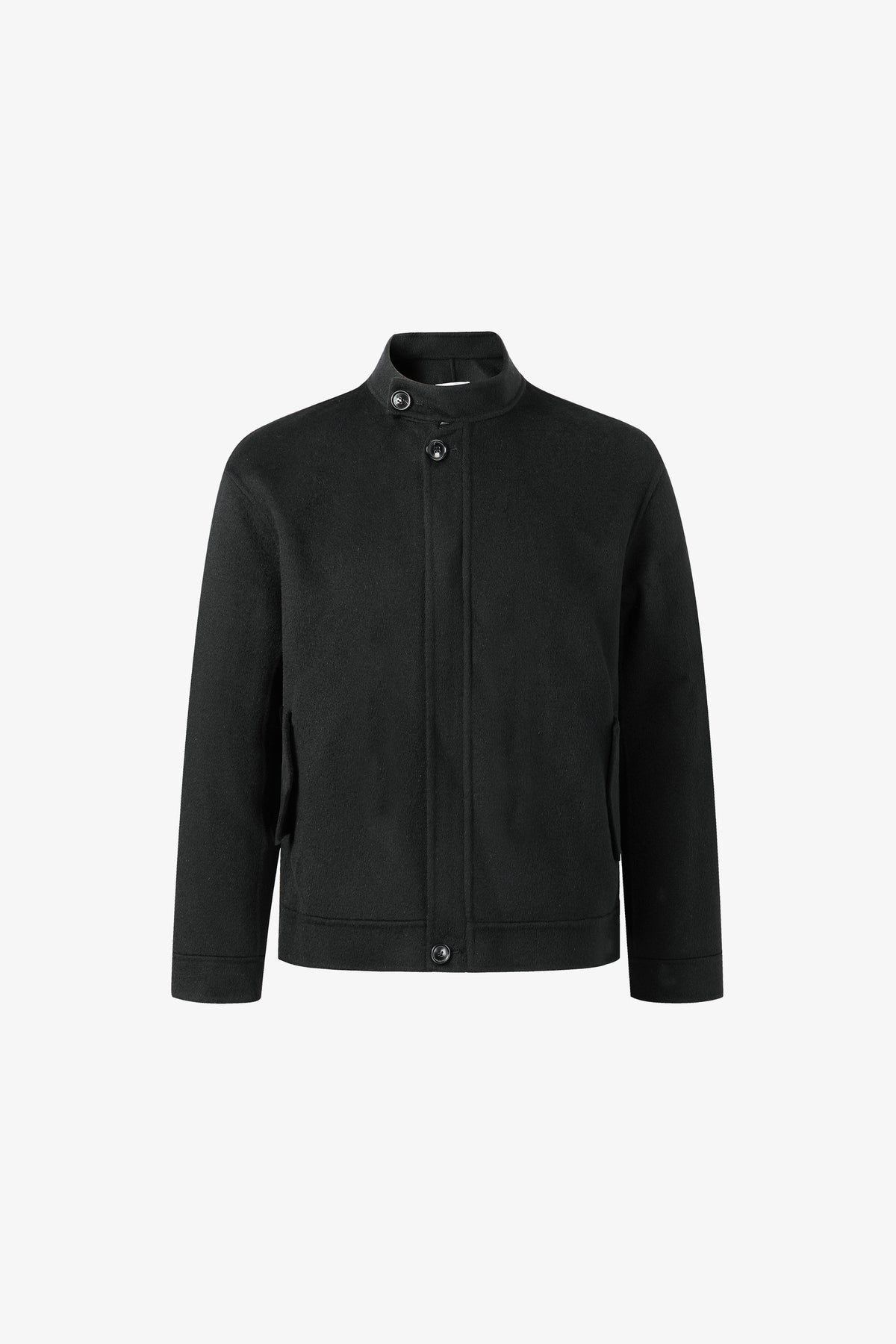 Front flat-lay view of a black wool and cashmere jacket featuring a hidden placket and buttoned collar.