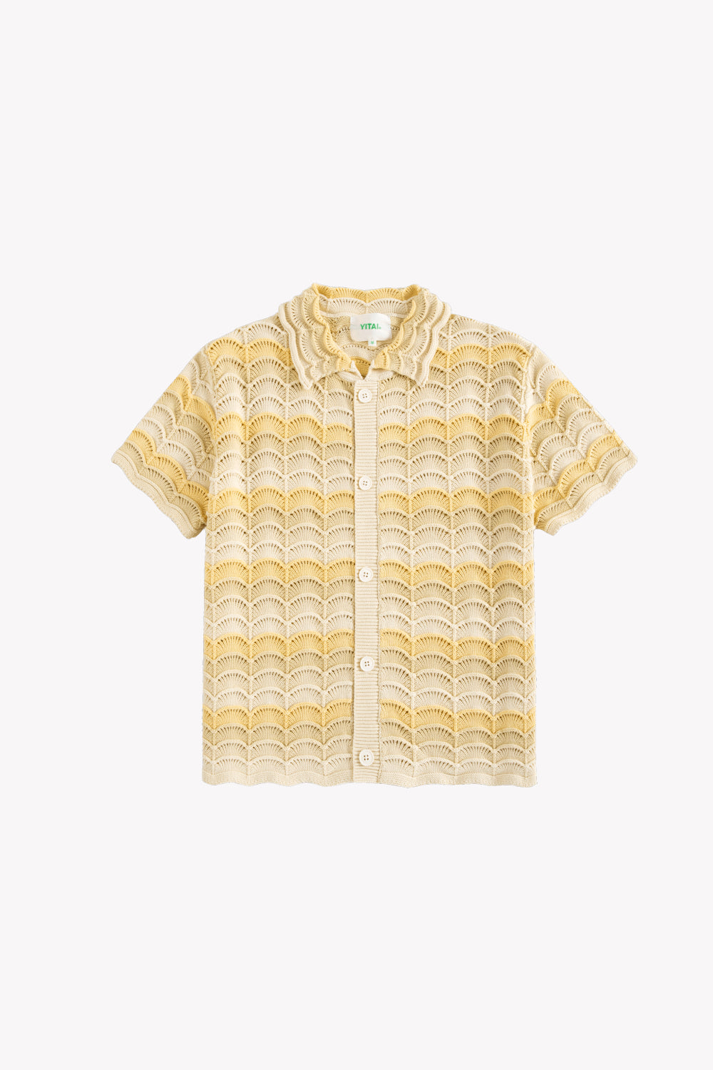Cream and yellow knit shirt with scalloped wave pattern, collar, and front button closure.