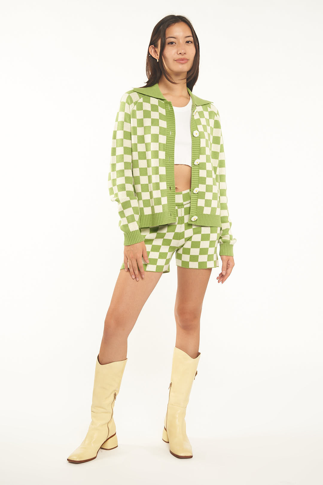 Green Ash Checkered Knit Cardigan