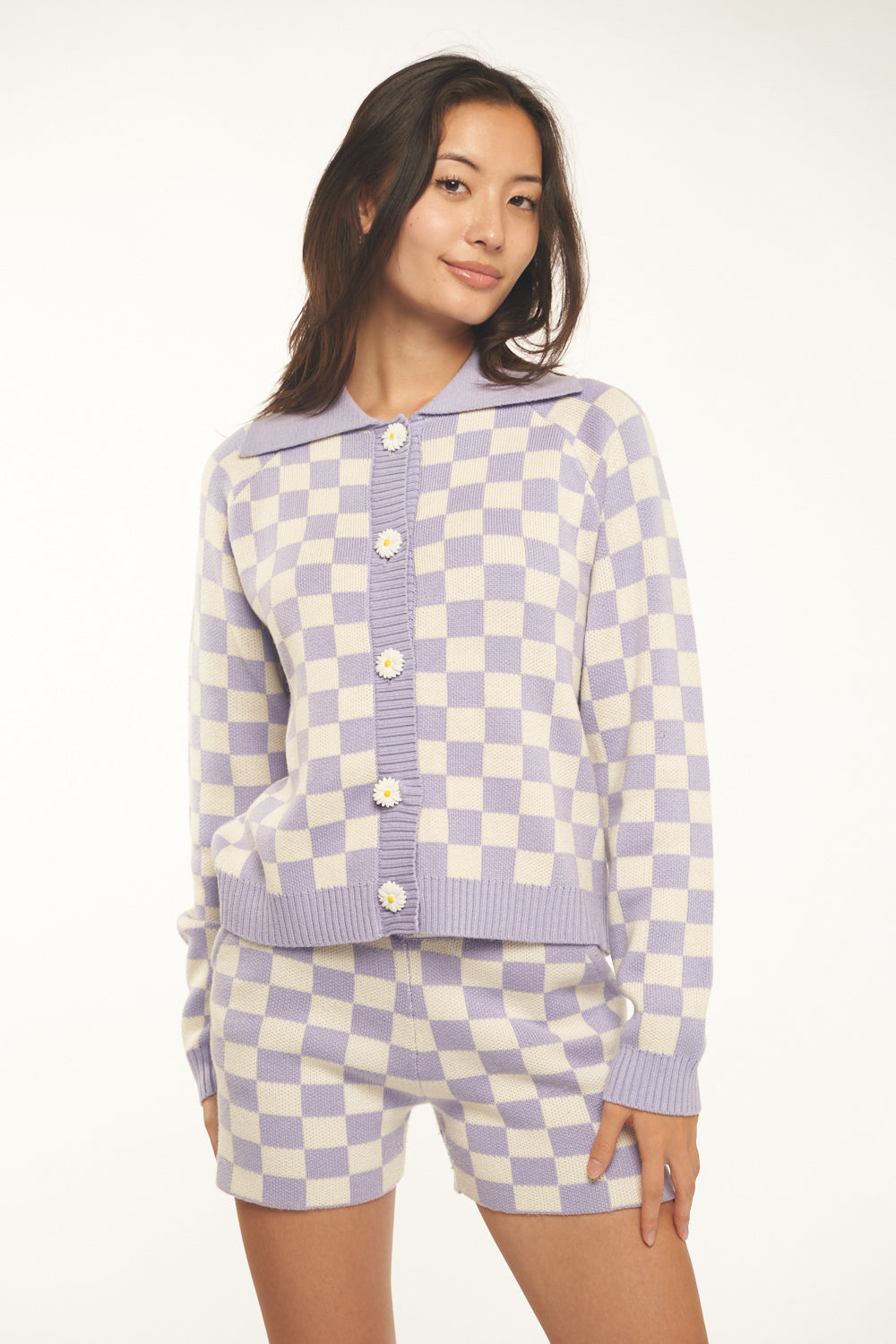 Lavender Checkered Knit Cardigan
