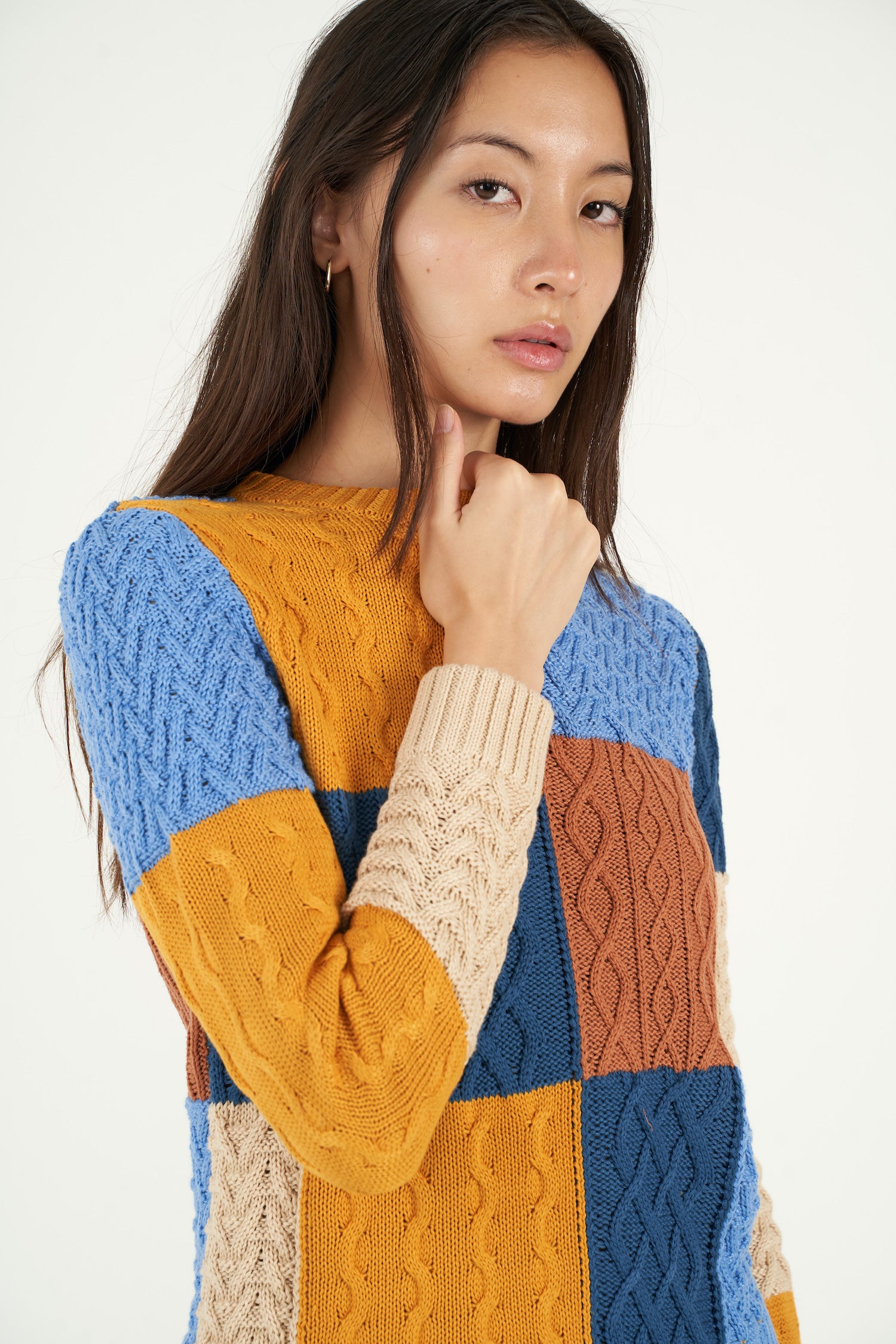 Patchwork Textured Cable Knit Crewneck