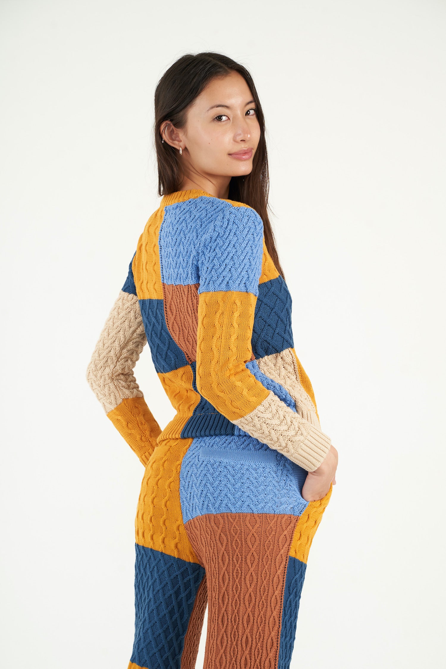 Patchwork Textured Cable Knit Crewneck