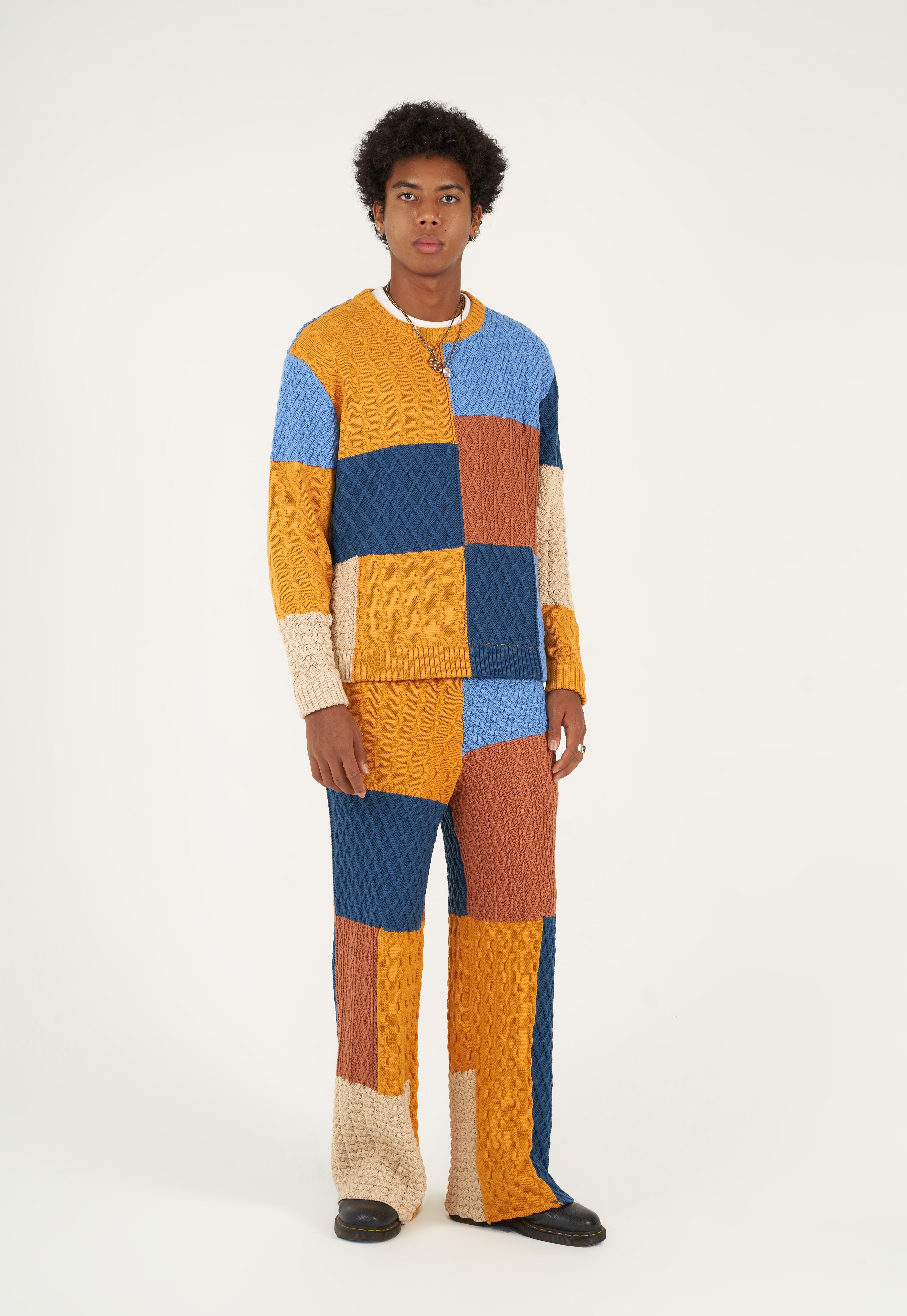 Patchwork Textured Cable Knit Crewneck