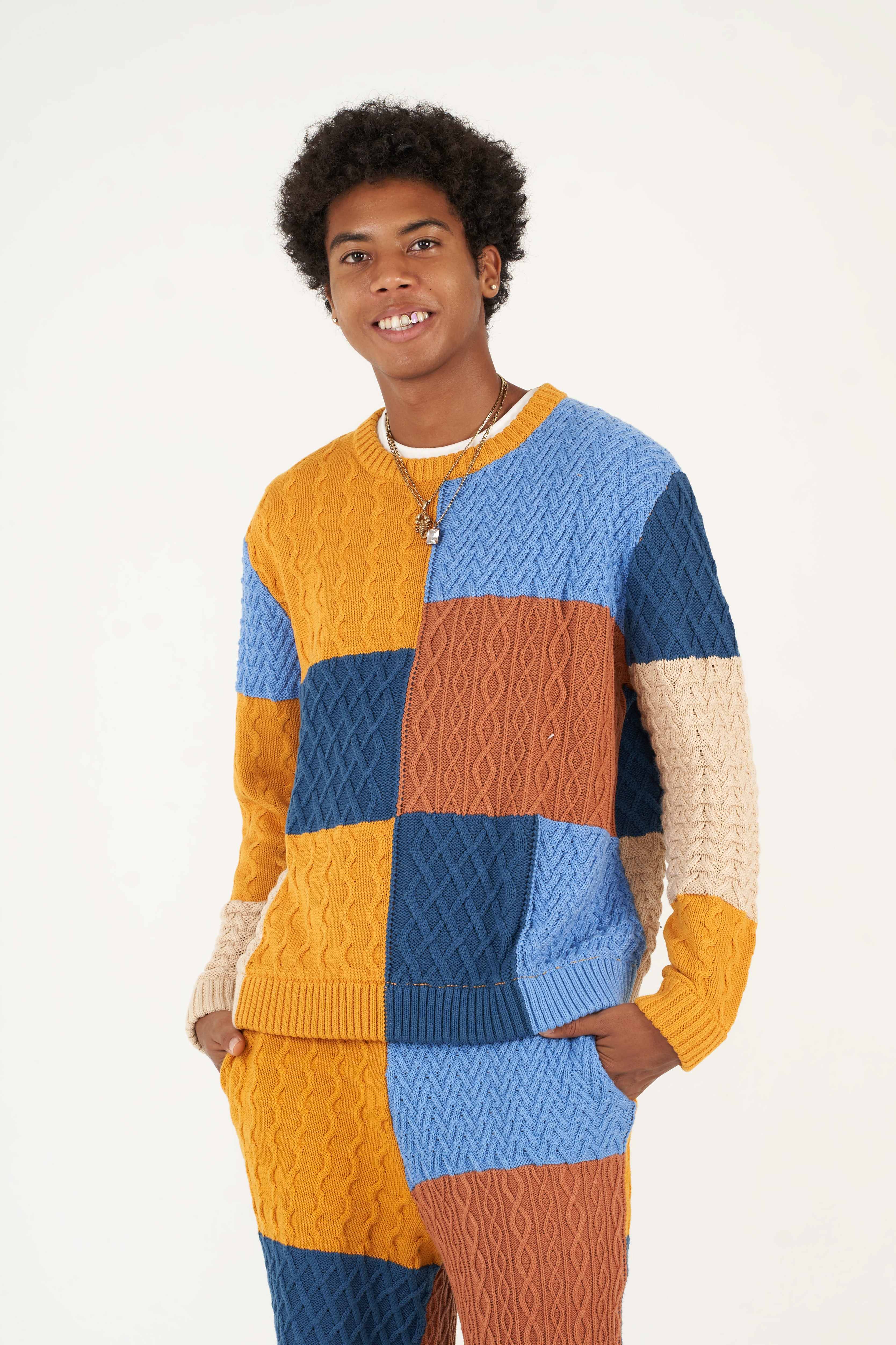 Patchwork Textured Cable Knit Crewneck