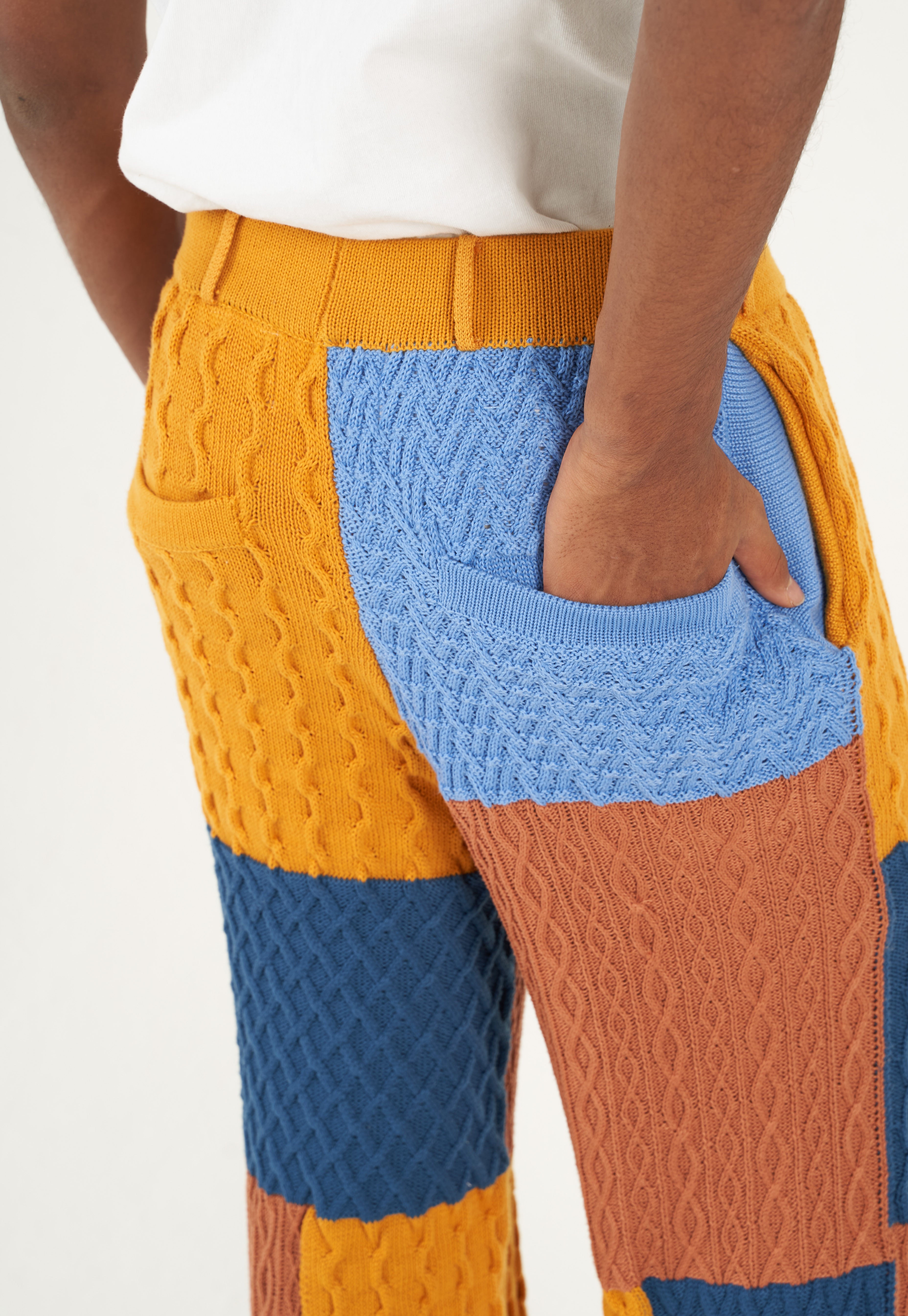 Patchwork Textured Cable Knit Flared Trousers